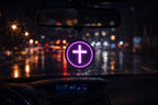Led Light of Christ Protection Pendant sign with a cross on a car rear view mirror.