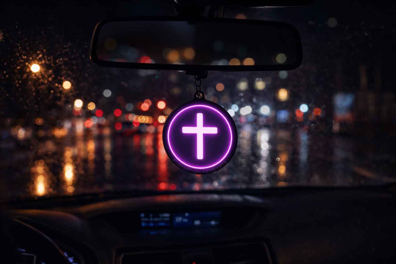 Led Light of Christ Protection Pendant sign with a cross on a car rear view mirror.