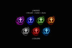 Colorful led protection pendant light of christ cross symbols with mode and color selection options on a black background