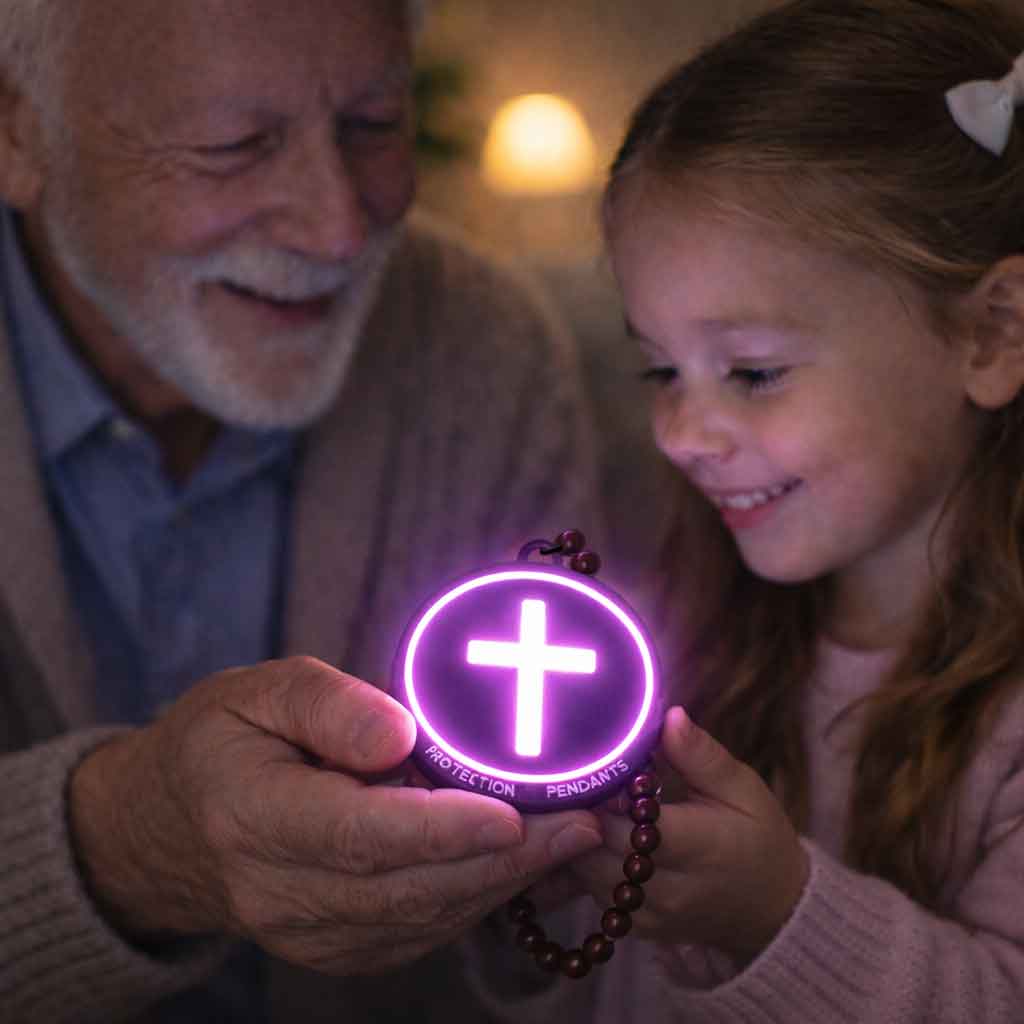 Grandfather and granddaughter holding a glowing purple device with a led cross protection pendant symbol.
